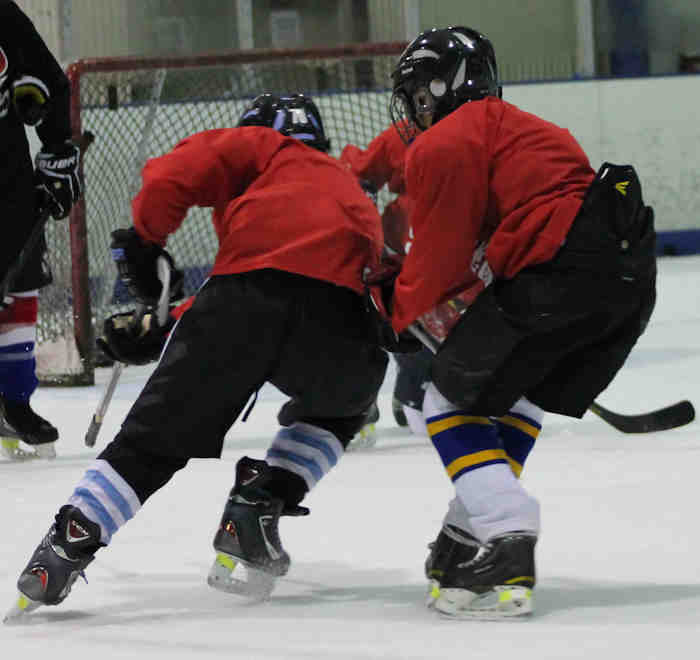 two hockey players in red